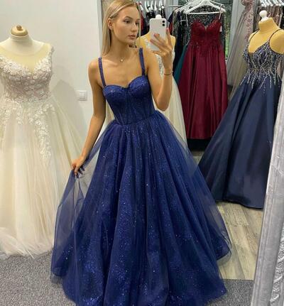 A Line Straps Blue Tulle Long Prom Dresses