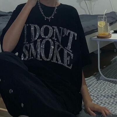 I don't smoke rhinestone black tee - Thumbnail 1