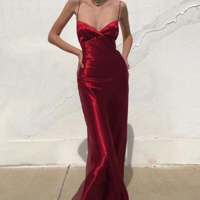 Spaghetti straps red long evening dresses - Thumbnail 4