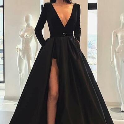 A-line black long sleeves prom dresses - Thumbnail 4