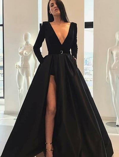 A-line Black Long Sleeves Prom Dresses