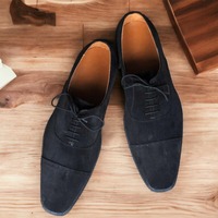 Handmade Black Suede Laceup Cap toe Oxford Shoes - Thumbnail 1