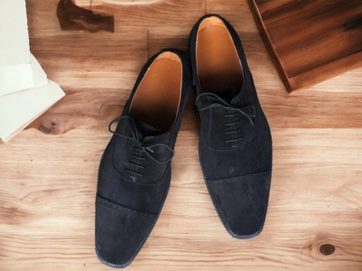 Handmade Black Suede Laceup Cap toe Oxford Shoes