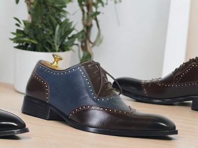 Handmade Men’s Brown Blue Wing Tip Leather Shoes, Men Lace Up Dress Shoes