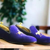 Handmade Men's Blue Velvet Embroidered Loafer Shoes, Men Designer Shoes - Thumbnail 1