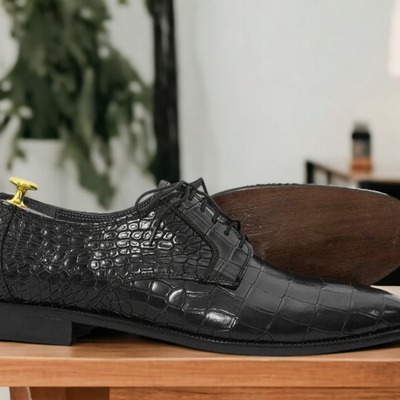 Handmade men's black alligator leather lace up dress shoes