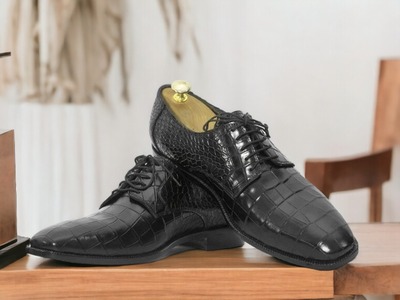 Handmade Men's Black Alligator Leather Lace up Dress Shoes