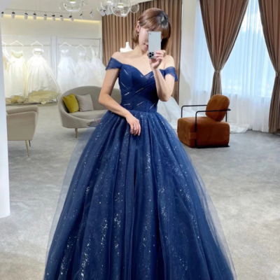 Blue tulle long prom dress, off the shoulder evening party dress kpp1720