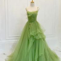 Green Spaghetti Strap Tulle Long Prom Dress, Beautiful A Line Evening Dress KPP1721 - Thumbnail 1
