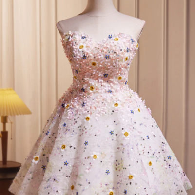 A line sweetheart neck tulle flower light pink short prom dress, light pink cocktail dress kpp1722