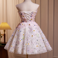 A Line Sweetheart Neck Tulle Flower Light Pink Short Prom Dress, Light Pink Cocktail Dress KPP1722 - Thumbnail 3