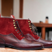 Men's Hanadmade Two Tone Leather And Suede Lace up ankle Boots, Wing Tip Boots  - Thumbnail 4