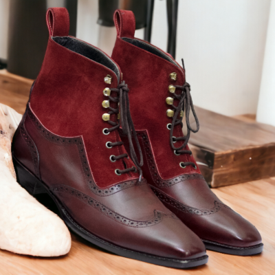 Men's hanadmade two tone leather and suede lace up ankle boots, wing tip boots  - Thumbnail 1