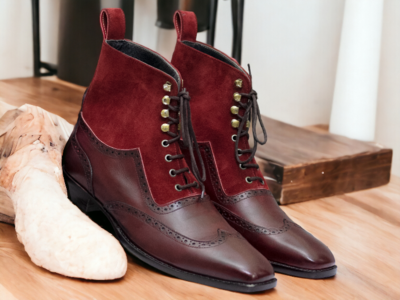 Men's Hanadmade Two Tone Leather And Suede Lace up ankle Boots, Wing Tip Boots 