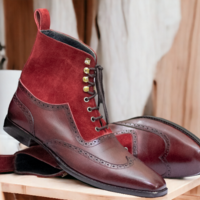 Men's Hanadmade Two Tone Leather And Suede Lace up ankle Boots, Wing Tip Boots  - Thumbnail 1