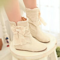 New casual and versatile sweet student bow boots - Thumbnail 2