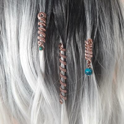 3pcs dreadlock ornaments with natural stones, copper wire wrapped dreadlocks rings
