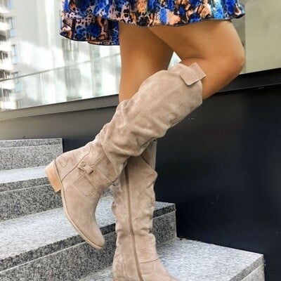 Low heel side zipper suede high boots  3 colors