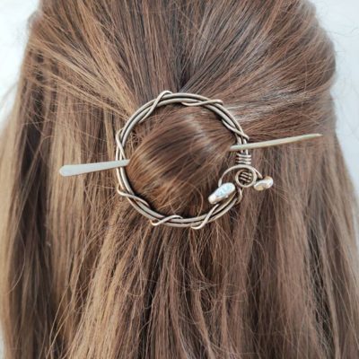 Copper wire wrap hair clip on celtic style, hair jewelry with metal chips