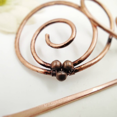Copper wire spiral hair barrette for thick or thin hair