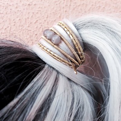 Golden ponytail holder with gray agate beads handmade with wire wrapped brass wire
