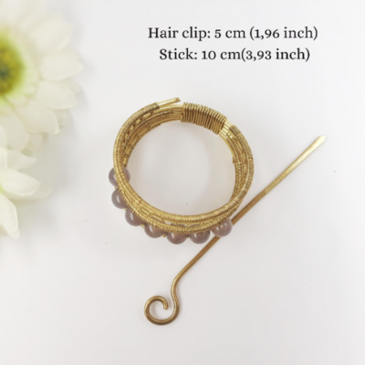 Golden ponytail holder with gray agate beads handmade with wire wrapped brass wire