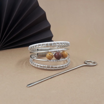Silver ponytail holder hair cuff with stick and mookaite jasper