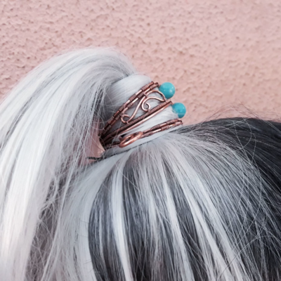 Silver ponytail holder hair cuff with stick and mookaite jasper