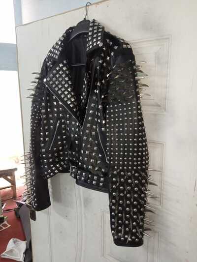 Crafted Leather New Women's Punk Full Long Spiked Studded Brando Black Adorable Leather Jacket