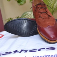 Crafted Leather Handmade Brown Leather and Suede Wingtip Oxford Lace up Dress Shoes - Thumbnail 1