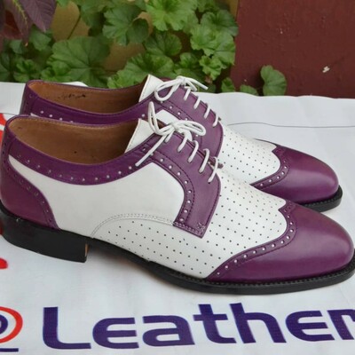 Crafted leather classic purple white oxford dress lace up shoes for men - Thumbnail 4