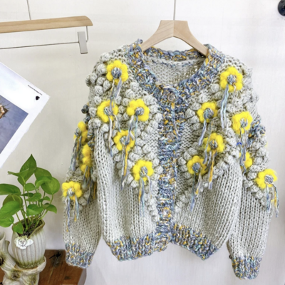 Unique handmade cardigan 3d flower design chunky sweater 