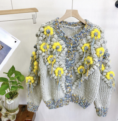 Unique Handmade Cardigan 3D Flower Design Chunky Sweater 
