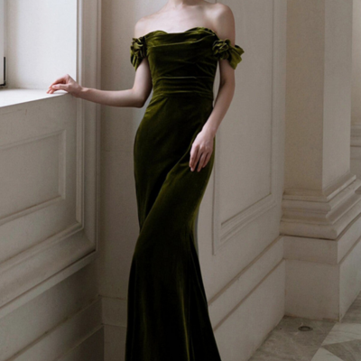 Green mermaid sweetheart off shoulder formal dress, green velvet prom dress kpp1723