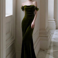 Green Mermaid Sweetheart Off Shoulder Formal Dress, Green Velvet Prom Dress KPP1723 - Thumbnail 1