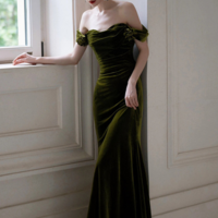 Green Mermaid Sweetheart Off Shoulder Formal Dress, Green Velvet Prom Dress KPP1723 - Thumbnail 3