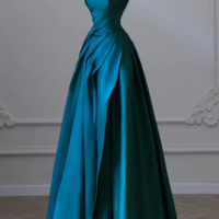 A Line Strapless Satin Peacock Blue Long Prom Dress, Simple Peacock Blue Evening Dress KPP1724 - Thumbnail 1