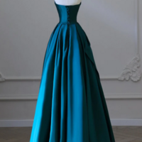 A Line Strapless Satin Peacock Blue Long Prom Dress, Simple Peacock Blue Evening Dress KPP1724 - Thumbnail 2
