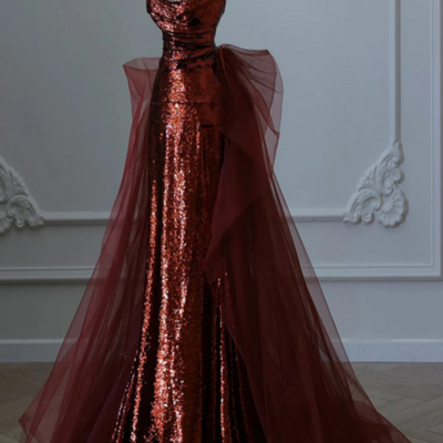 Beautiful burgundy sequins and tulle long party dress, burgundy evening dress prom dress kpp1725