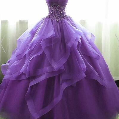 Purple ball gown organza and tulle sweet 16 dress with lace appique, purple formal gown,999
