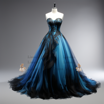 Blue and black lace edge applique strapless ball gown full length evening dress formal occasion elagant hand made custom w2-1.1