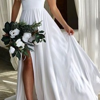 White V Neck Slit Side Bridesmaid Dresses for Wedding Party,1005 - Thumbnail 1