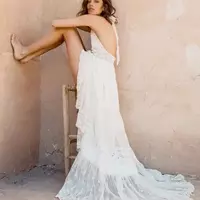 Bohemian Wedding Dresses Halter Deep V Neck Luxury Embroidery Sweep Train Backless Bridal Gowns Custom Made Beach Boho Wedding Dress - Thumbnail 1