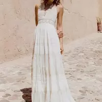 Bohemian Wedding Dresses Halter Deep V Neck Luxury Embroidery Sweep Train Backless Bridal Gowns Custom Made Beach Boho Wedding Dress - Thumbnail 4