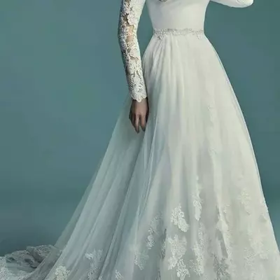 A-line country modest wedding dress with long sleeves lace tulle buttons back scoop neck