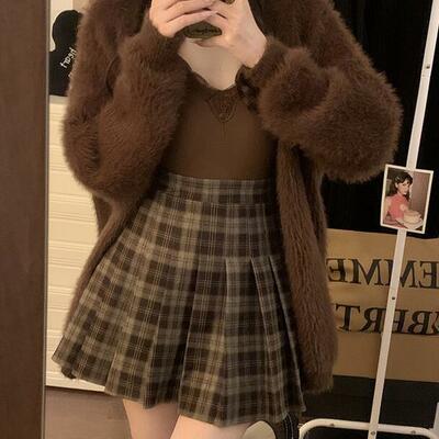 High waist color block checks plaid pleated wool a-line skirt