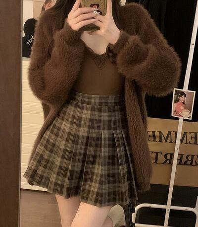 High Waist Color Block Checks Plaid Pleated Wool A-line Skirt