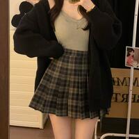 High Waist Color Block Checks Plaid Pleated Wool A-line Skirt - Thumbnail 4