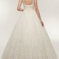 A-line High Neck Short Sleeves Long Lace Appliques Wedding Dresses with Lace-up，1713 - Thumbnail 1