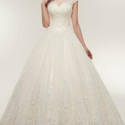 A-line high neck short sleeves long lace appliques wedding dresses with lace-up，1713 - Thumbnail 1